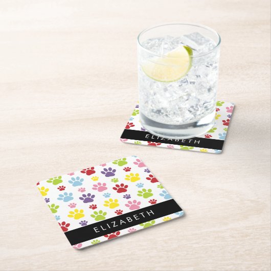 Kleurrijke poten, Paw Pattern, Dog Paws, Jouw naam Kartonnen Onderzetters (Insitu)