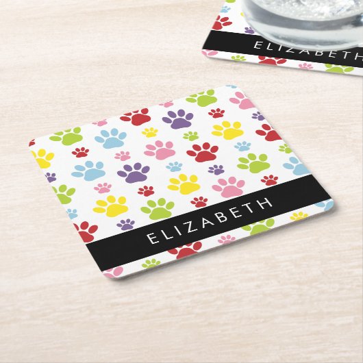 Kleurrijke poten, Paw Pattern, Dog Paws, Jouw naam Kartonnen Onderzetters (Schuin)
