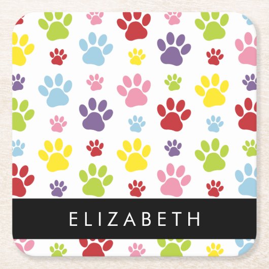 Kleurrijke poten, Paw Pattern, Dog Paws, Jouw naam Kartonnen Onderzetters (Voorkant)