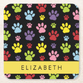 Kleurrijke poten, Paw Pattern, Dog Paws, Jouw naam Kartonnen Onderzetters (Voorkant)