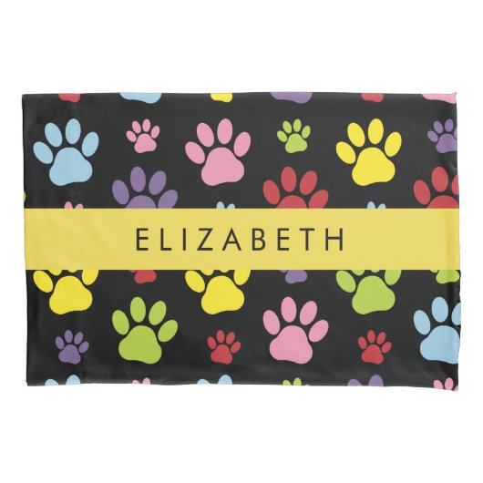 Kleurrijke poten, Paw Pattern, Dog Paws, Jouw naam Kussensloop (Voorkant)