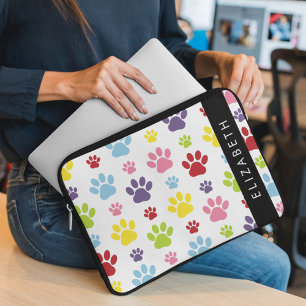 Kleurrijke poten, Paw Pattern, Dog Paws, Jouw naam Laptop Sleeve