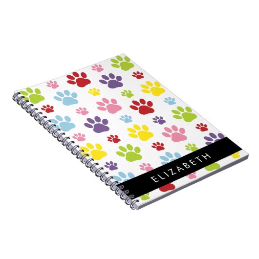 Kleurrijke poten, Paw Pattern, Dog Paws, Jouw naam Notitieboek (Rechterzijde)