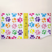 Kleurrijke poten, Paw Pattern, Dog Paws, Jouw naam Strandlaken (Voorkant)