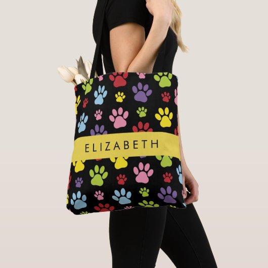 Kleurrijke poten, Paw Pattern, Dog Paws, Jouw naam Tote Bag (Dichtbij)