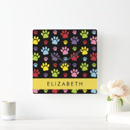 Kleurrijke poten, Paw Pattern, Dog Paws, Jouw naam Vierkante Klok