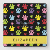 Kleurrijke poten, Paw Pattern, Dog Paws, Jouw naam Vierkante Klok (Voorkant)