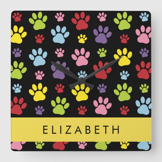 Kleurrijke poten, Paw Pattern, Dog Paws, Jouw naam Vierkante Klok (Voorkant)