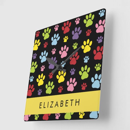 Kleurrijke poten, Paw Pattern, Dog Paws, Jouw naam Vierkante Klok (Hoek)