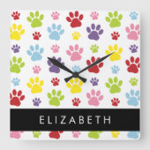 Kleurrijke poten, Paw Pattern, Dog Paws, Jouw naam Vierkante Klok (Voorkant)