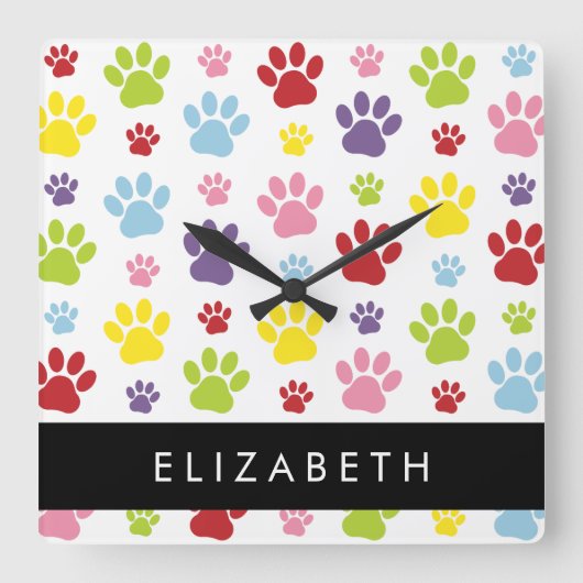 Kleurrijke poten, Paw Pattern, Dog Paws, Jouw naam Vierkante Klok (Voorkant)