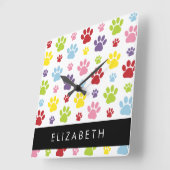 Kleurrijke poten, Paw Pattern, Dog Paws, Jouw naam Vierkante Klok (Hoek)