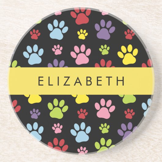 Kleurrijke poten, Paw Pattern, Dog Paws, Jouw naam Zandsteen Onderzetter (Voorkant)