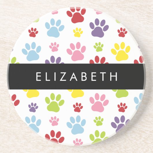 Kleurrijke poten, Paw Pattern, Dog Paws, Jouw naam Zandsteen Onderzetter (Voorkant)