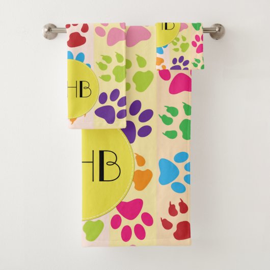 Kleurrijke poten, Paw Pattern, Dog Paws, Monogram Bad Handdoek (Insitu)