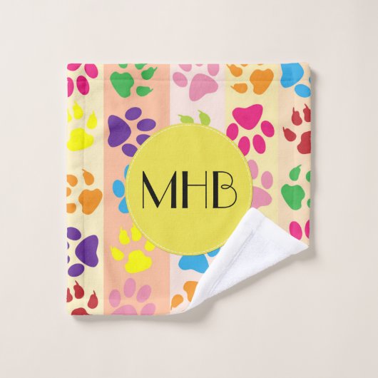 Kleurrijke poten, Paw Pattern, Dog Paws, Monogram Bad Handdoek (Wasdoekje)