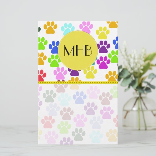 Kleurrijke poten, Paw Pattern, Dog Paws, Monogram Briefpapier (Staand voorkant)