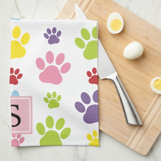 Kleurrijke poten, Paw Pattern, Dog Paws, Monogram Theedoek (Quarter Fold)