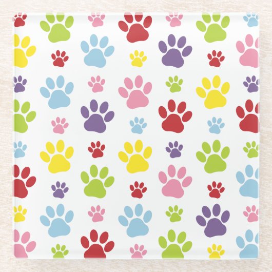Kleurrijke poten, Paw Pattern, Dog Paws, Paw Print Glazen Onderzetter (Voorkant)