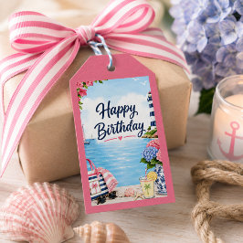 Kleurrijke Preppy Roze Blauwe Kust Zomer Verjaarda Cadeaulabel