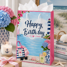 Kleurrijke Preppy Roze Blauwe Kust Zomer Verjaarda Medium Cadeauzakje