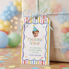 Kleurrijke pret gestreepte verjaardagsfeest cadeau cadeaulabel