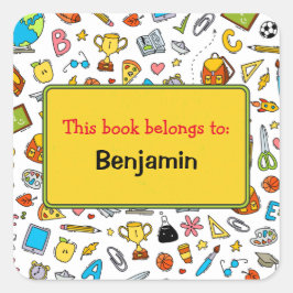 Kleurrijke pret schoolbenodigdheden patroon gepers vierkante sticker