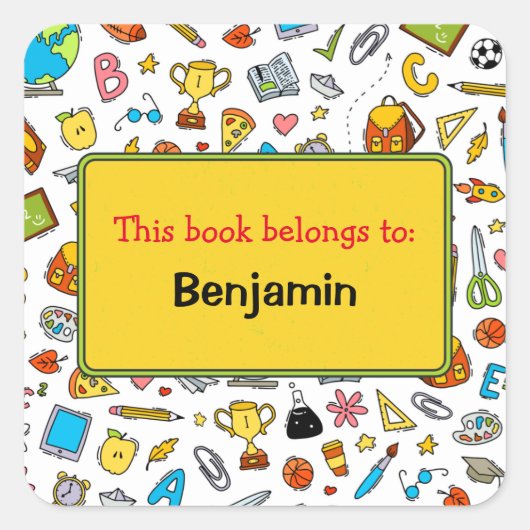 Kleurrijke pret schoolbenodigdheden patroon gepers vierkante sticker (Voorkant)