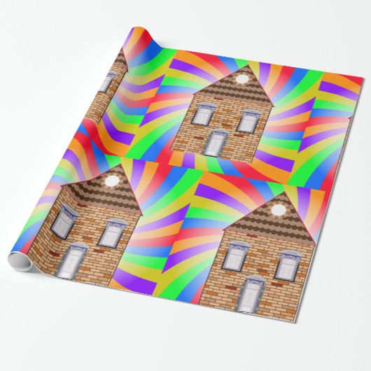 Kleurrijke Psychedelic Brick House Rainbow Design Cadeaupapier (Uitgerold)