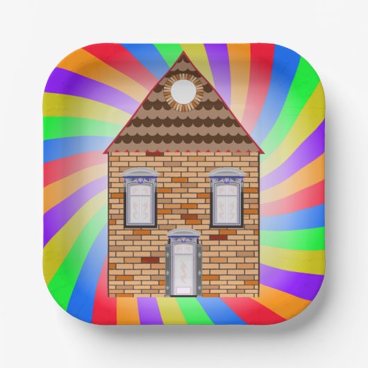 Kleurrijke Psychedelic Brick House Rainbow Design Papieren Bordje (Voorkant)
