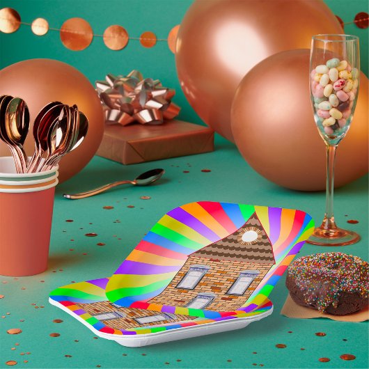 Kleurrijke Psychedelic Brick House Rainbow Design Papieren Bordje