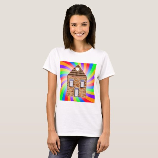 Kleurrijke Psychedelic Brick House Rainbow Design T-shirt (Voorkant volledig)