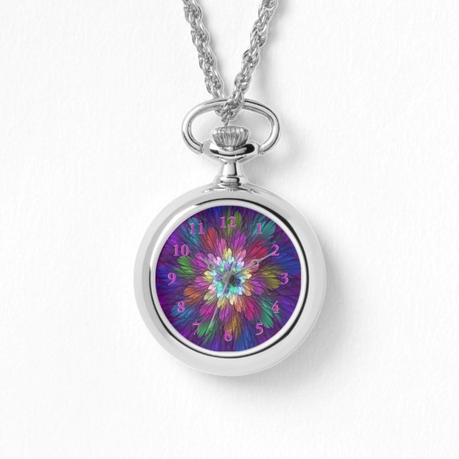 Kleurrijke Psychedelische Bloem Abstracte Fractale Horloge (Voorkant)