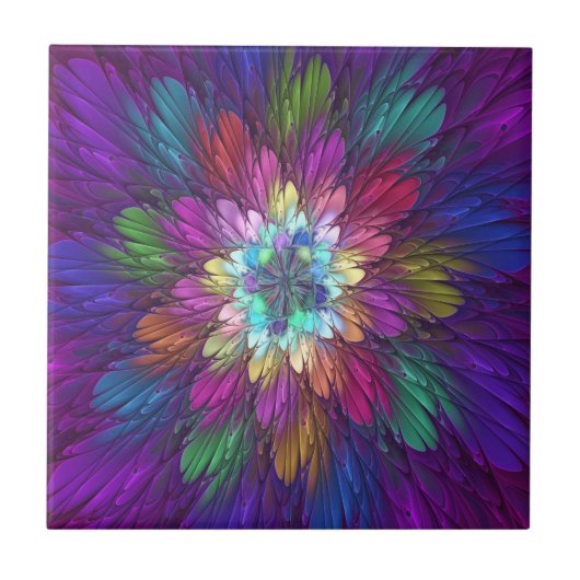 Kleurrijke psychedelische bloem abstracte fractale tegeltje (Voorkant)