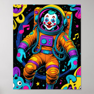 Kleurrijke psychedelische clown astronaut kunst poster