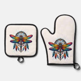 Kleurrijke Psychedelische Libelle Dreamcatcher Boh Ovenwant & Pannenlap Set