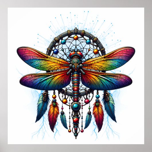 Kleurrijke Psychedelische Libelle Dreamcatcher Boh Poster (Voorkant)