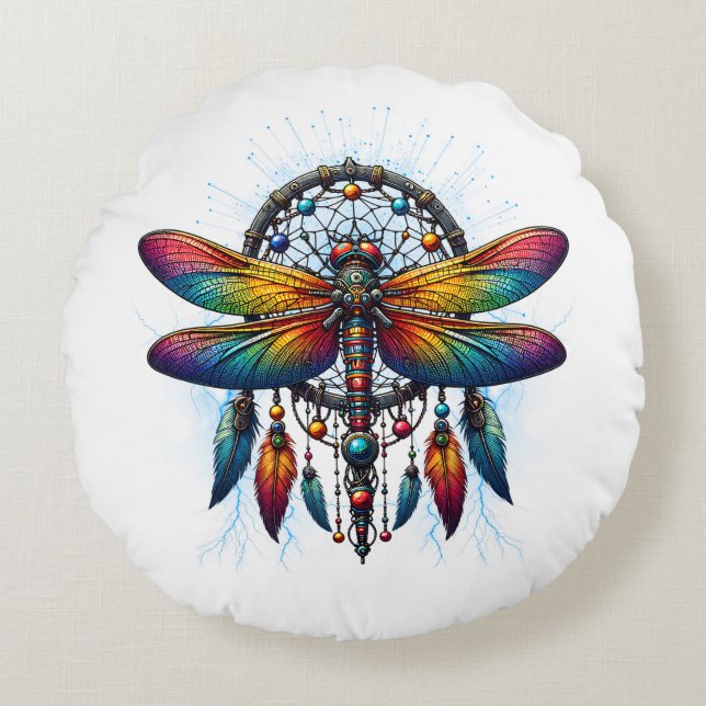Kleurrijke Psychedelische Libelle Dreamcatcher Boh Rond Kussen (Voorkant)