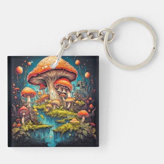 Kleurrijke psychedelische paddenstoel illustratie sleutelhanger (Achterkant)