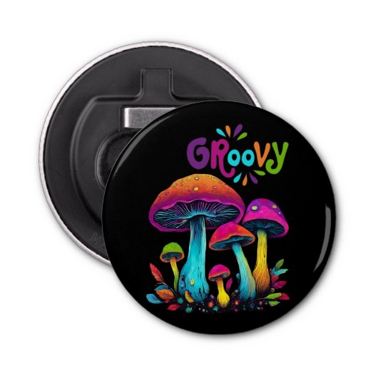Kleurrijke psychedelische paddenstoelen button flesopener (Voorkant)