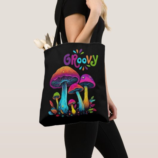Kleurrijke psychedelische paddenstoelen tote bag (Dichtbij)