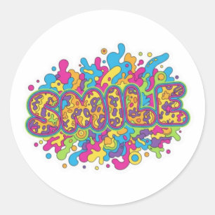 Kleurrijke Psychedelische SMILE Typografie Kunst Ronde Sticker