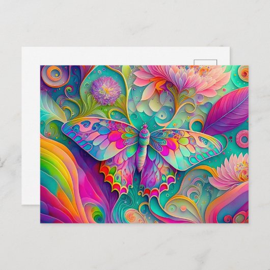 Kleurrijke psychedelische vlinder en bloemen briefkaart (Voorkant / Achterkant)