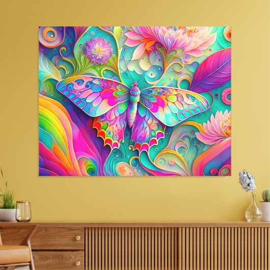 Kleurrijke psychedelische vlinder en bloemen canvas afdruk (Insitu (Woonkamer))