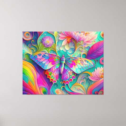 Kleurrijke psychedelische vlinder en bloemen canvas afdruk (Voorkant)