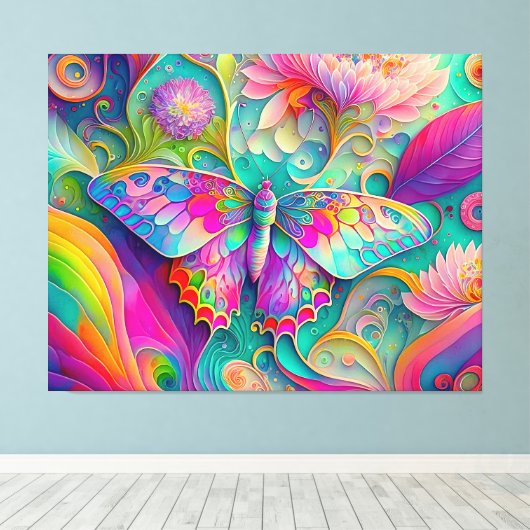 Kleurrijke psychedelische vlinder en bloemen canvas afdruk (Insitu (Houten vloer))