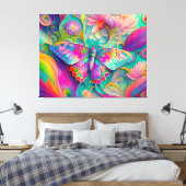Kleurrijke psychedelische vlinder en bloemen canvas afdruk (Insitu (Slaapkamer))