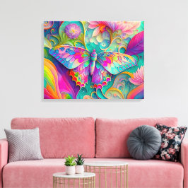 Kleurrijke psychedelische vlinder en bloemen canvas afdruk