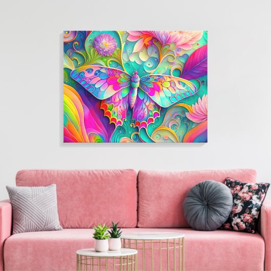Kleurrijke psychedelische vlinder en bloemen canvas afdruk (Insitu (Woonkamer))