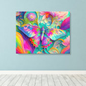 Kleurrijke psychedelische vlinder en bloemen canvas afdruk (Insitu (Houten vloer))